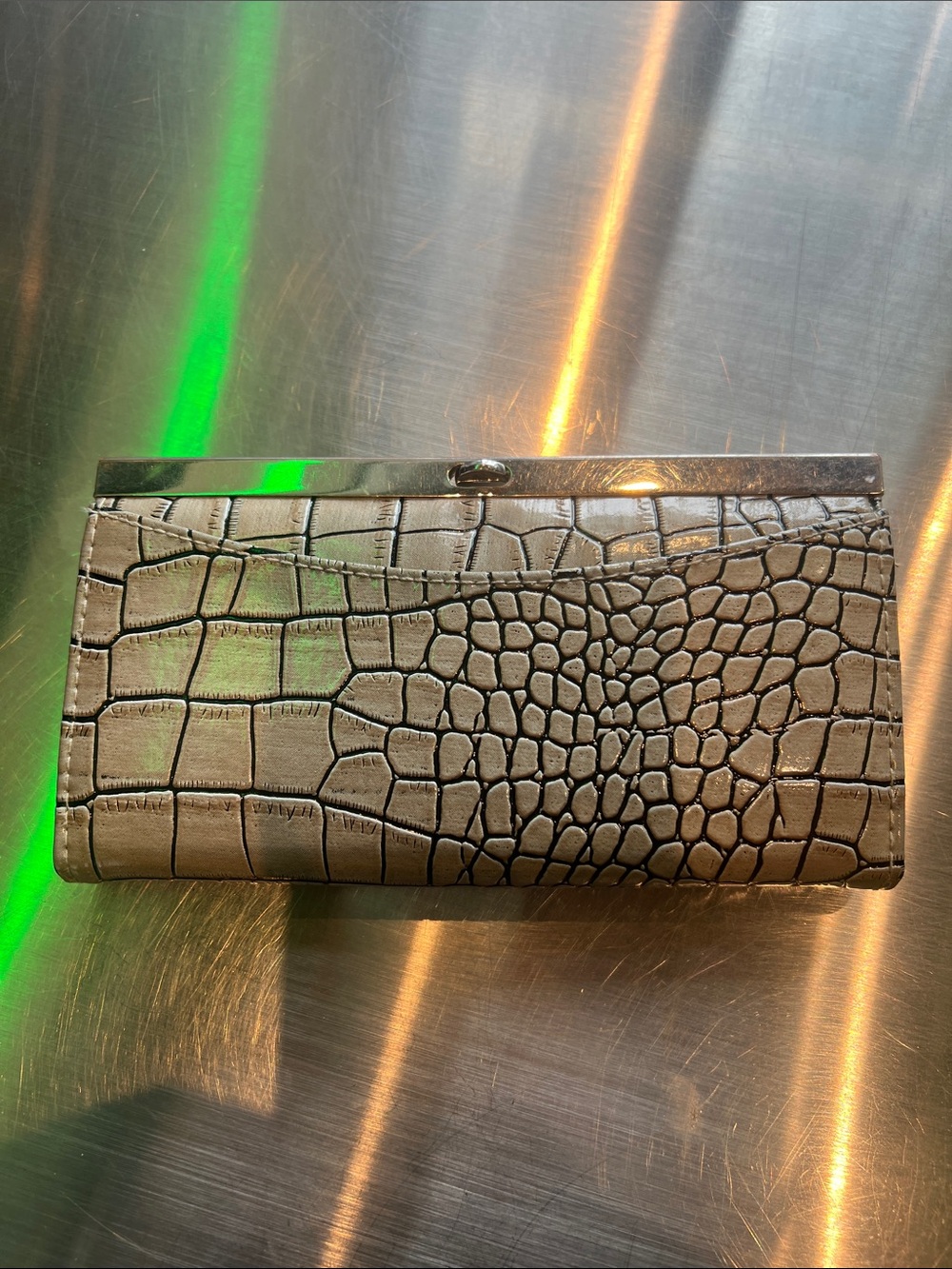 Vintage Croc-Embossed Metallic Taupe Wallet Clutch